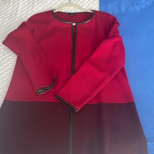 Washable, Marino wool, red and burgundy color blocked long cardigan